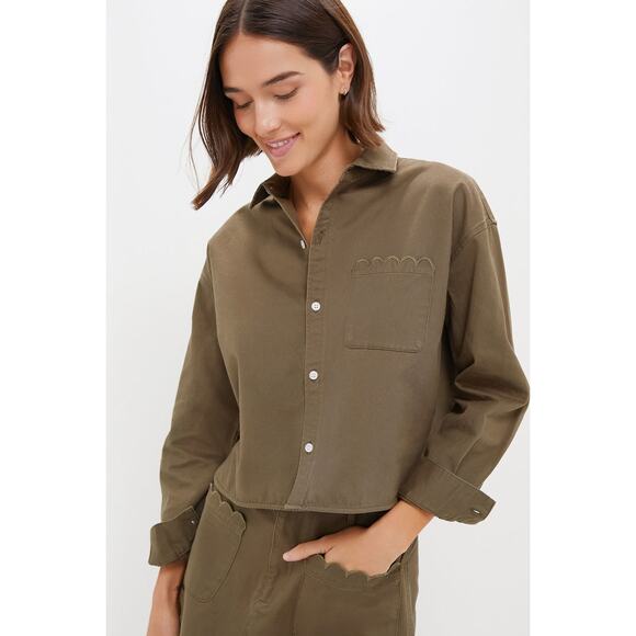 TUCKERNUCK Army Green Chino Cropped Jasper Button Down NWT M - Picture 2 of 6